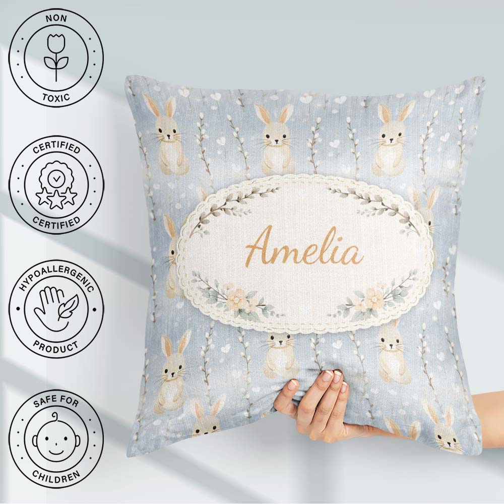 Custom Name Pastel Neutral Bunny Woodland Seamless Pattern for Square Filled Cushion Throw Pillow Sofa Bed Home Decor Zip Washable UK Made