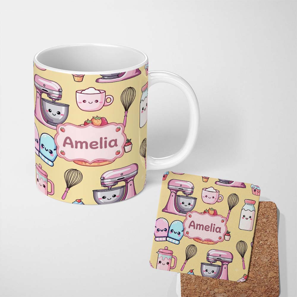Personalized Custom Name Cute Kawaii Baking Cake Mixer Yellow Seamless Pattern Name Unique 11oz Ceramic Coffee Tea Mug White Large Handle