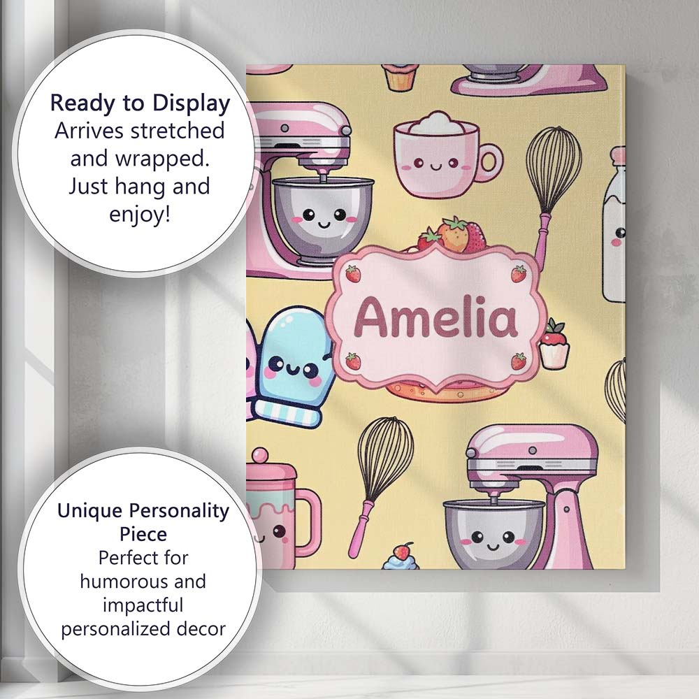 Personalised Name Cute Kawaii Baking Cake Custom  Unique Gift Idea Elegant Feature Canvas Wall Art Print Decor Picture Ready to Hang