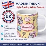 Personalized Custom Name Cute Kawaii Baking Cake Mixer Yellow Seamless Pattern Name Unique 11oz Ceramic Coffee Tea Mug White Large Handle
