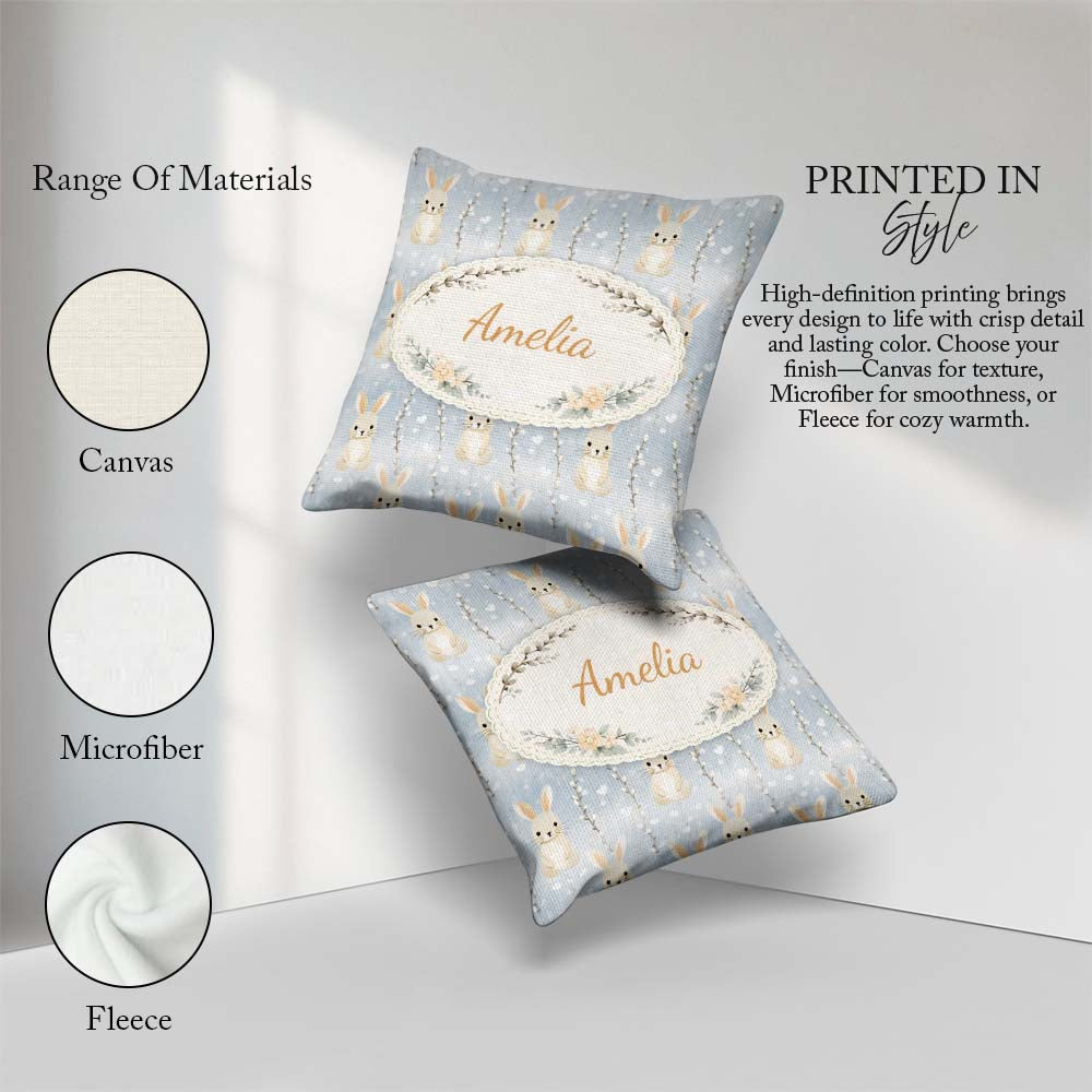 Custom Name Pastel Neutral Bunny Woodland Seamless Pattern for Square Filled Cushion Throw Pillow Sofa Bed Home Decor Zip Washable UK Made
