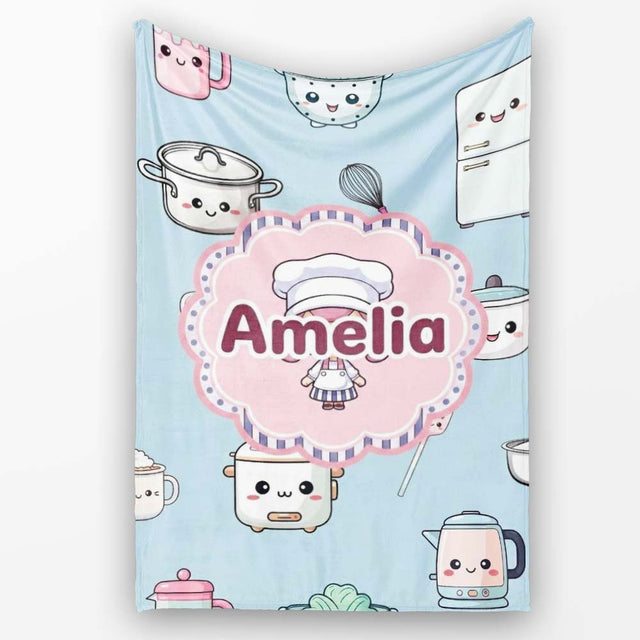 Cute Kawaii Chef Girl  Utensils Seamless Pattern Name Unique  Personalised Custom Name Super Soft Fleece Blanket Bed Sofa Throw
