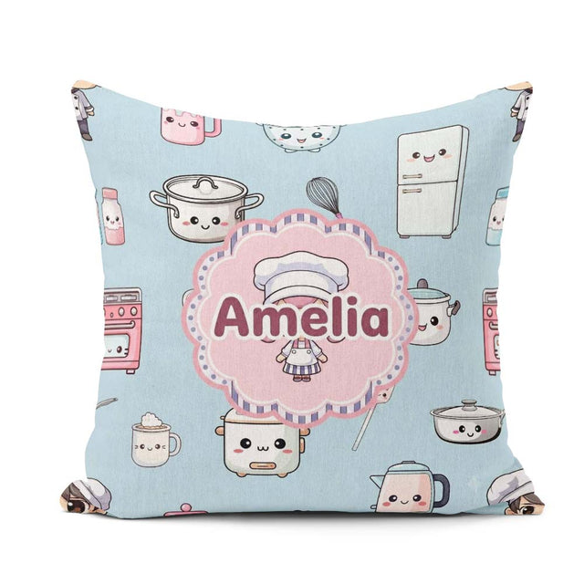 Custom Name Cute Kawaii Chef Girl Utensils Seamless Pattern Name Square Filled Cushion Throw Pillow Sofa Bed Home Decor Zip Washable UK Made