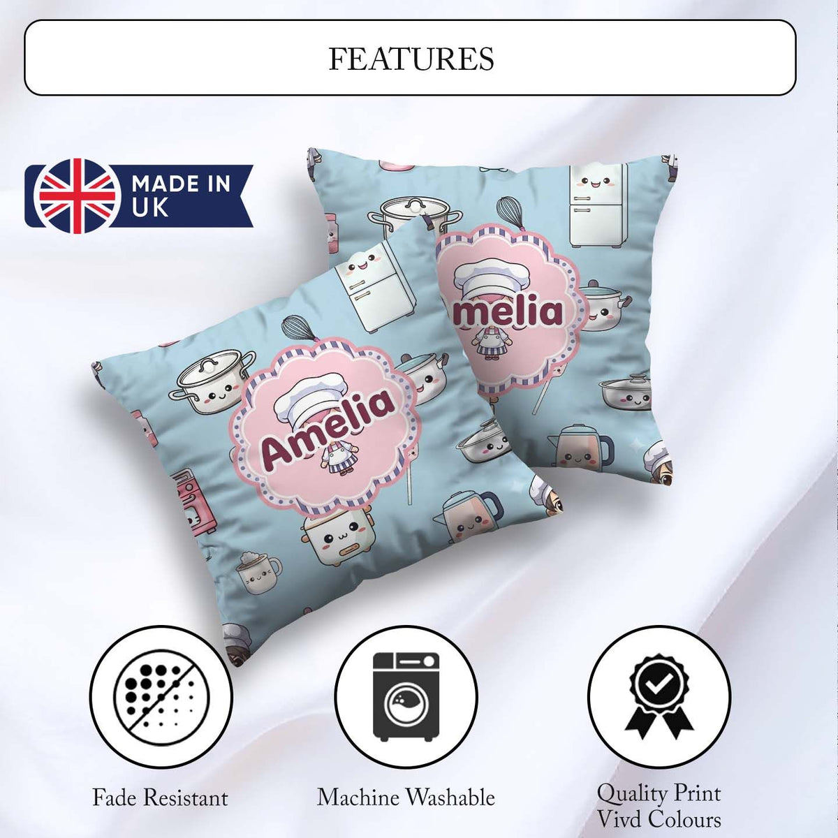 Custom Name Cute Kawaii Chef Girl Utensils Seamless Pattern Name Square Filled Cushion Throw Pillow Sofa Bed Home Decor Zip Washable UK Made