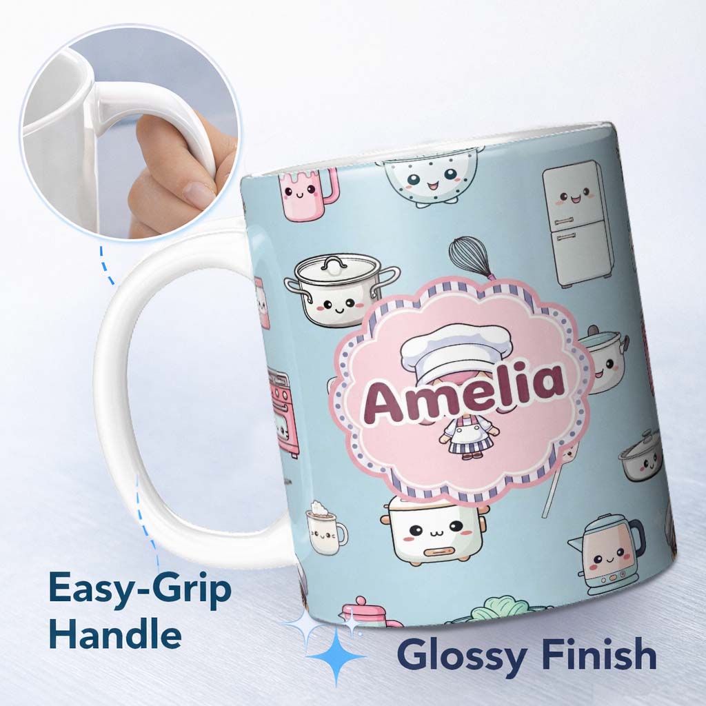 Personalized Custom Name Cute Kawaii Chef Girl Kitchen Utensils Seamless Pattern Name Unique 11oz Ceramic Coffee Tea Mug White Large Handle