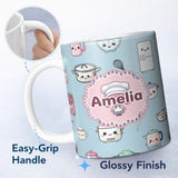 Personalized Custom Name Cute Kawaii Chef Girl Kitchen Utensils Seamless Pattern Name Unique 11oz Ceramic Coffee Tea Mug White Large Handle