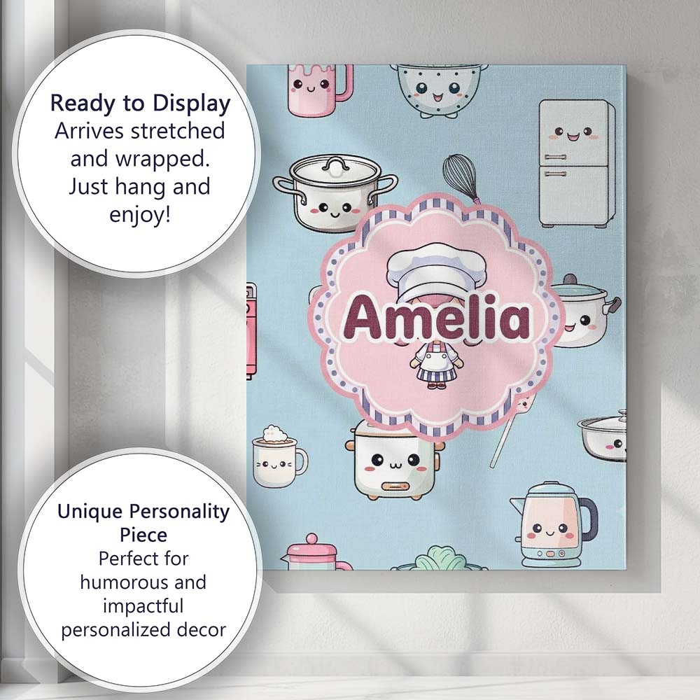 Personalised Name Cute Kawaii Chef Girl Custom  Modern Room Accent Elegant Feature Canvas Wall Art Print Decor Picture Ready to Hang