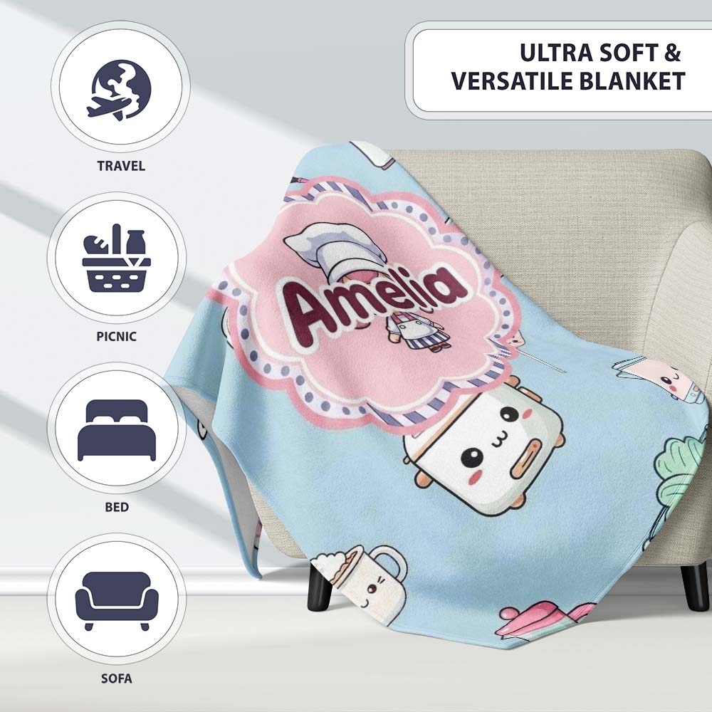 Cute Kawaii Chef Girl  Utensils Seamless Pattern Name Unique  Personalised Custom Name Super Soft Fleece Blanket Bed Sofa Throw