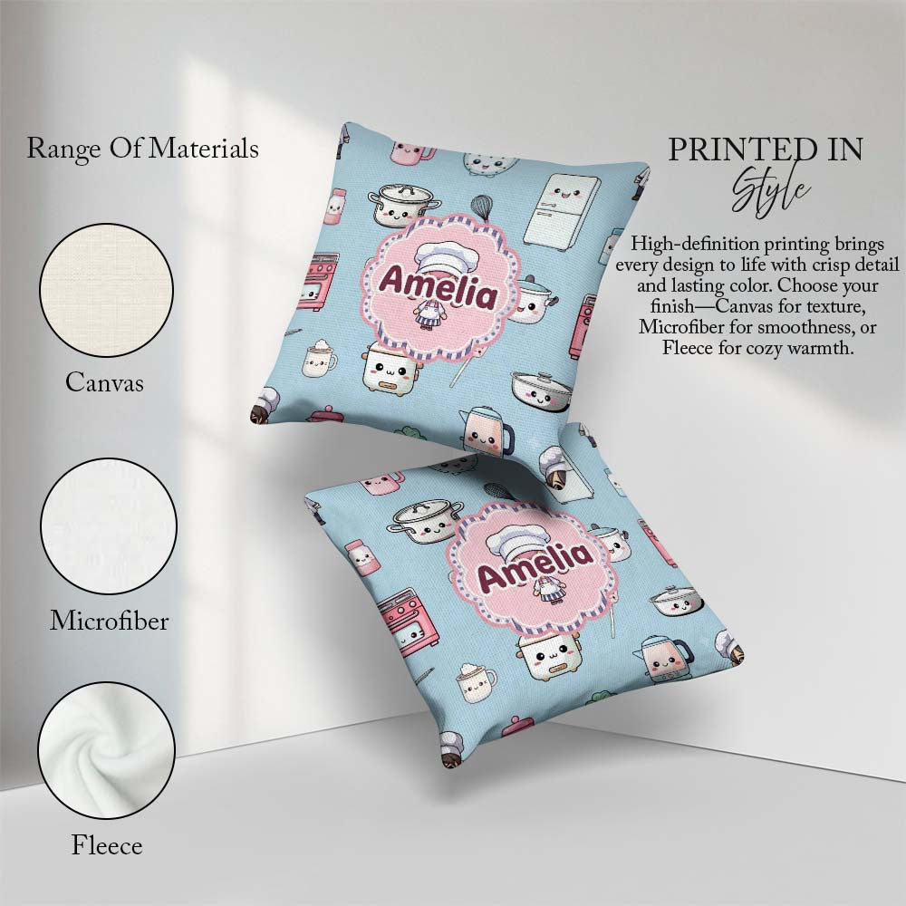 Custom Name Cute Kawaii Chef Girl Utensils Seamless Pattern Name Square Filled Cushion Throw Pillow Sofa Bed Home Decor Zip Washable UK Made