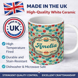 Personalized Custom Name Colorful Woven Picnic Baskets Style Seamless Pattern Lovely 11oz Ceramic Coffee Tea Mug White Large Handle