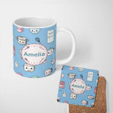 Personalized Custom Name Cute Kawaii Chef Girl Blue Kitchen Utensils Seamless Pattern Name 11oz Ceramic Coffee Tea Mug White Large Handle