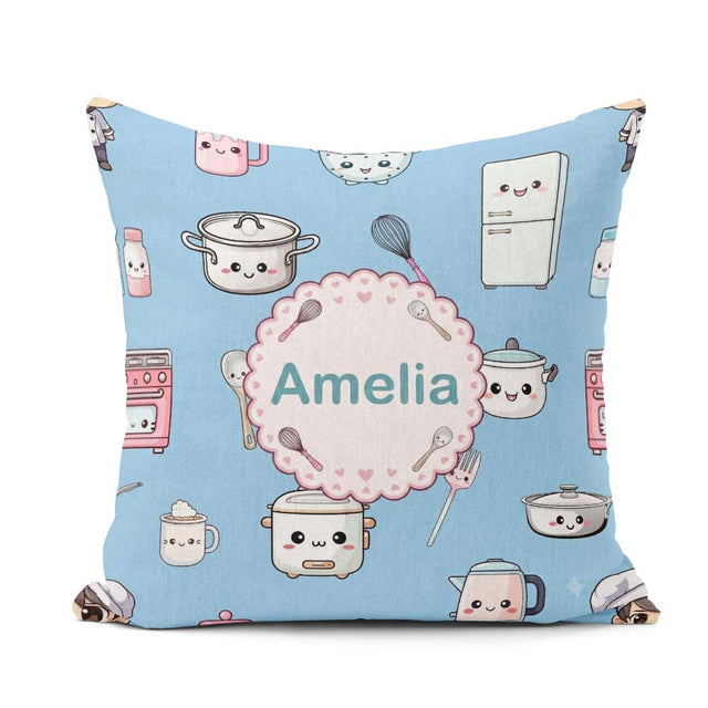 Custom Name Kawaii Chef Girl Blue Utensils Seamless Pattern Name Square Filled Cushion Throw Pillow Sofa Bed Home Decor Zip Washable UK Made