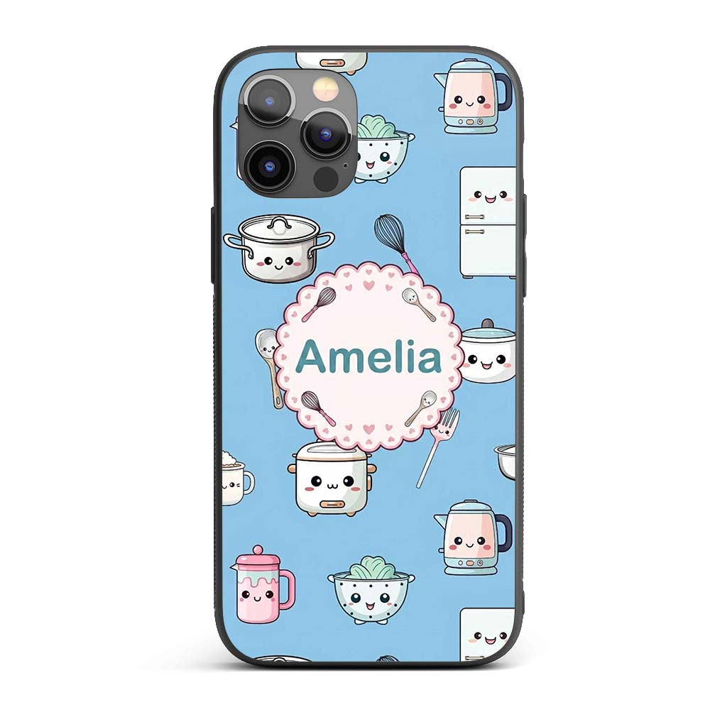 Cute Kawaii Chef Girl Blue Utensils Seamless Custom Name Protective Phone Case Mobile Cover Durable Everyday Smartphone Shock Resistant
