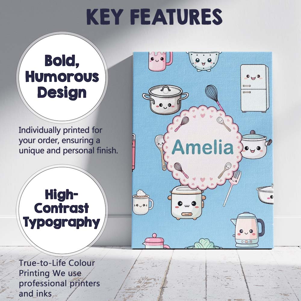 Personalised Name Cute Kawaii Chef Girl Custom  Modern Room Accent Elegant Feature Canvas Wall Art Print Decor Picture Ready to Hang