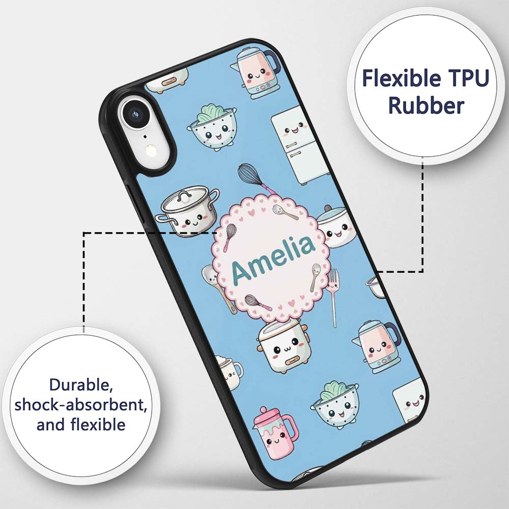 Cute Kawaii Chef Girl Blue Utensils Seamless Custom Name Protective Phone Case Mobile Cover Durable Everyday Smartphone Shock Resistant