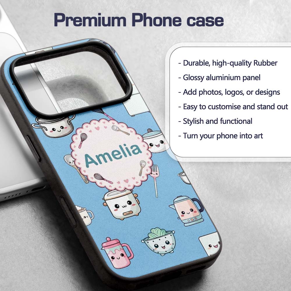 Cute Kawaii Chef Girl Blue Utensils Seamless Custom Name Protective Phone Case Mobile Cover Durable Everyday Smartphone Shock Resistant