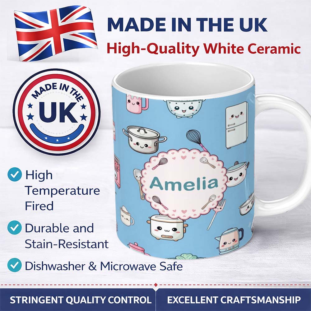 Personalized Custom Name Cute Kawaii Chef Girl Blue Kitchen Utensils Seamless Pattern Name 11oz Ceramic Coffee Tea Mug White Large Handle