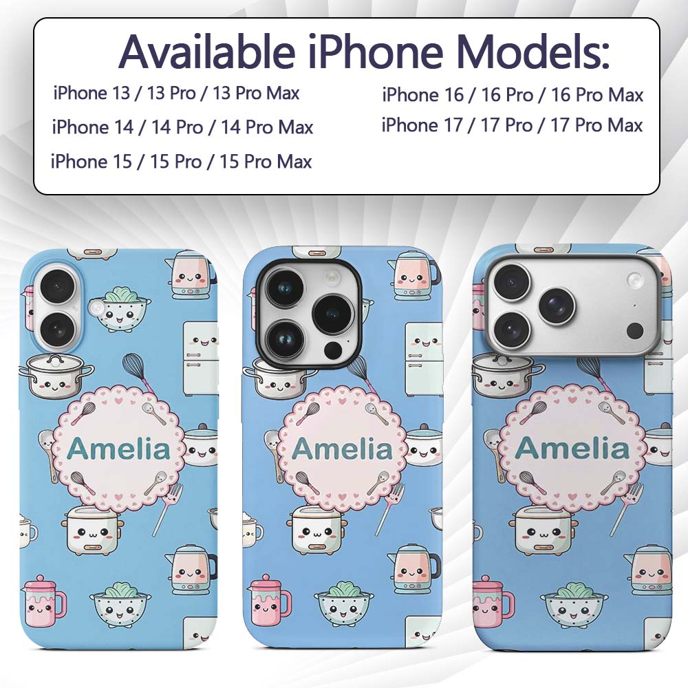 Cute Kawaii Chef Girl Blue Utensils Seamless Custom Name Protective Phone Case Mobile Cover Durable Everyday Smartphone Shock Resistant