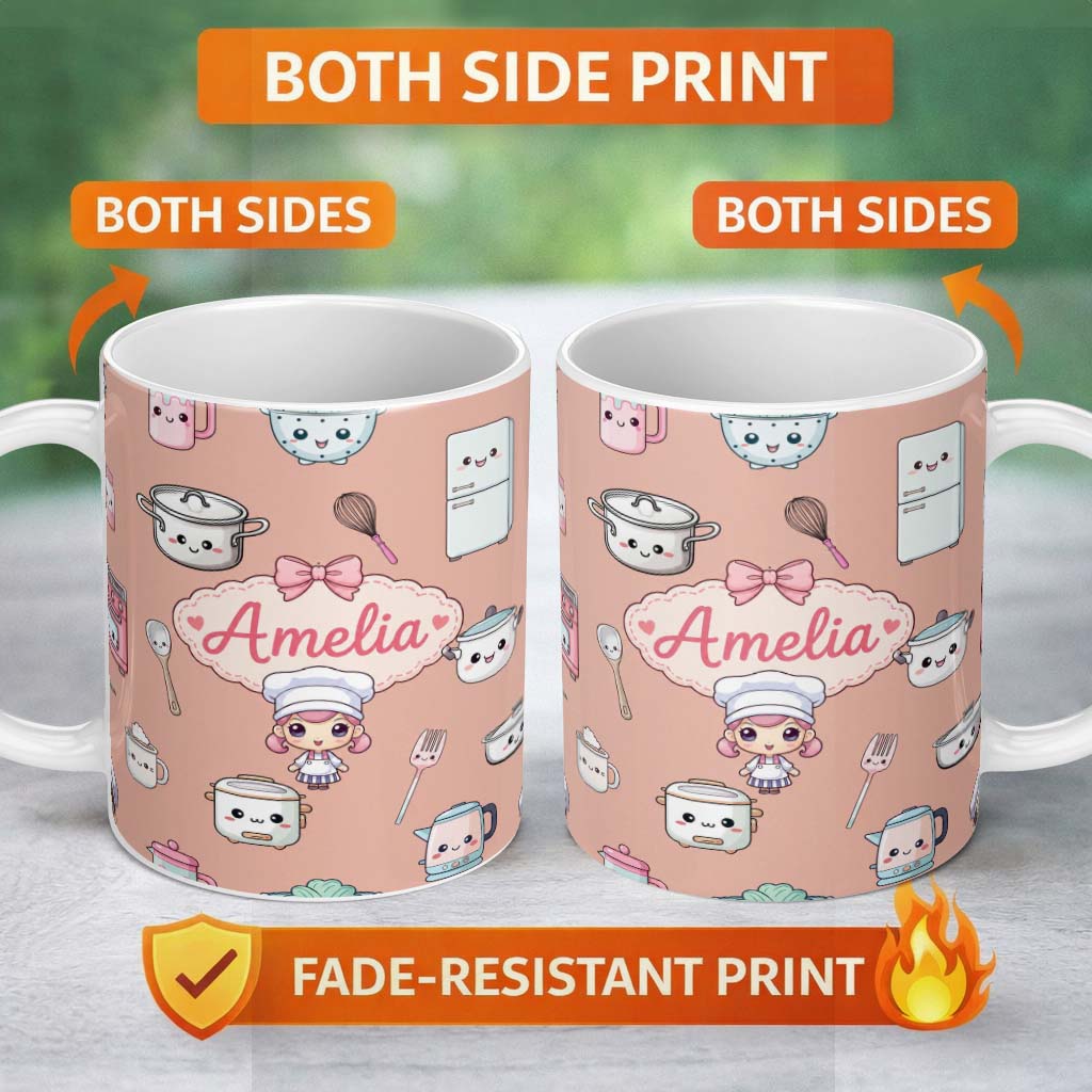 Personalized Custom Name Cute Kawaii Chef Girl Peach Kitchen Utensils Seamless Pattern Name 11oz Ceramic Coffee Tea Mug White Large Handle