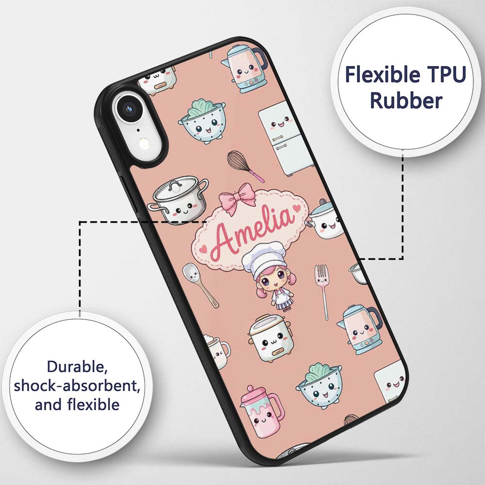 Cute Kawaii Chef Girl Peach Utensils Seamless Custom Name Protective Phone Case Mobile Cover Durable Everyday Smartphone Shock Resistant