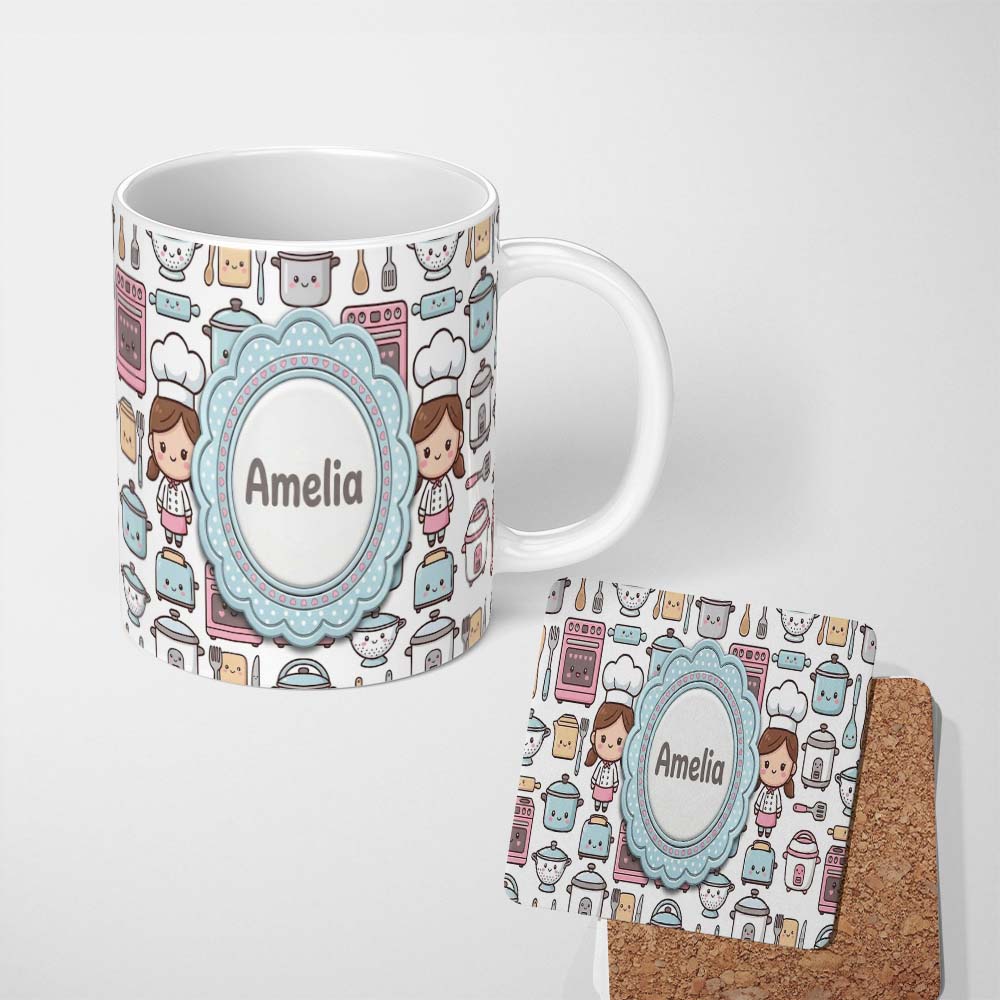 Personalized Custom Name Cute Kawaii Chef Girl Beige Kitchen Utensils Seamless Pattern Name 11oz Ceramic Coffee Tea Mug White Large Handle