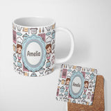 Personalized Custom Name Cute Kawaii Chef Girl Beige Kitchen Utensils Seamless Pattern Name 11oz Ceramic Coffee Tea Mug White Large Handle