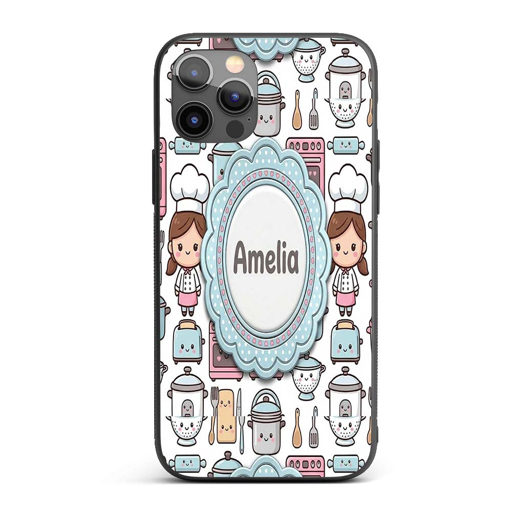 Cute Kawaii Chef Girl Beige Utensils Seamless Custom Name Protective Phone Case Mobile Cover Durable Everyday Smartphone Shock Resistant