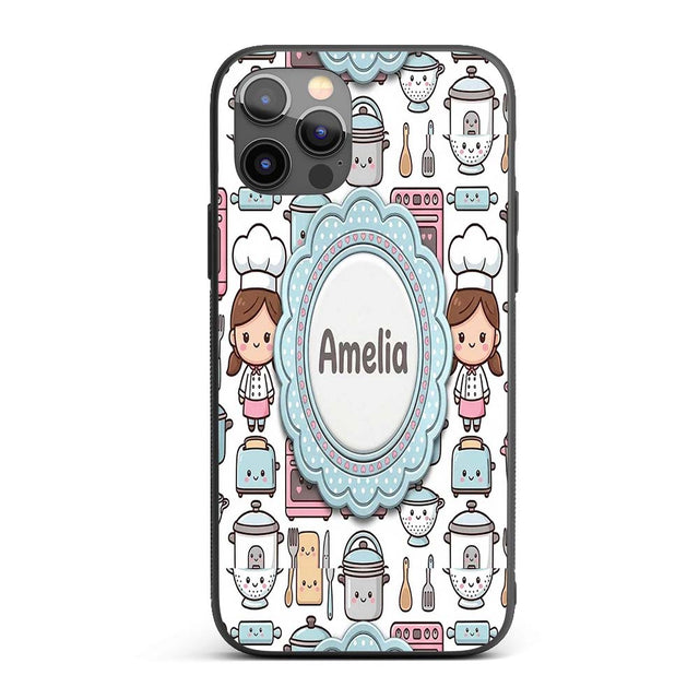 Cute Kawaii Chef Girl Beige Utensils Seamless Custom Name Protective Phone Case Mobile Cover Durable Everyday Smartphone Shock Resistant
