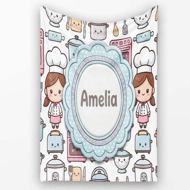 Cute Kawaii Chef Girl Beige  Utensils Seamless Pattern Name  Personalised Custom Name Super Soft Fleece Blanket Bed Sofa Throw