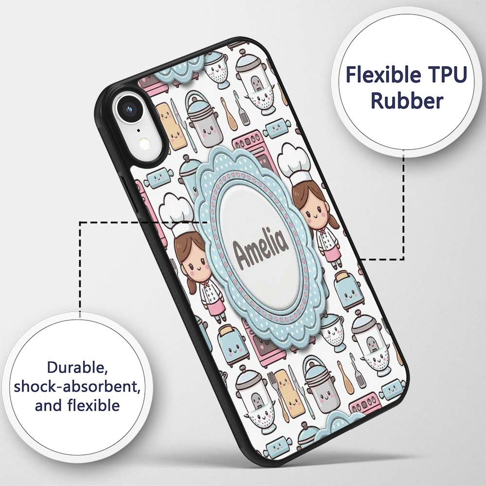 Cute Kawaii Chef Girl Beige Utensils Seamless Custom Name Protective Phone Case Mobile Cover Durable Everyday Smartphone Shock Resistant