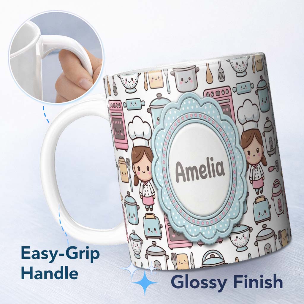 Personalized Custom Name Cute Kawaii Chef Girl Beige Kitchen Utensils Seamless Pattern Name 11oz Ceramic Coffee Tea Mug White Large Handle