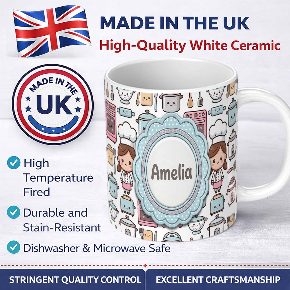 Personalized Custom Name Cute Kawaii Chef Girl Beige Kitchen Utensils Seamless Pattern Name 11oz Ceramic Coffee Tea Mug White Large Handle