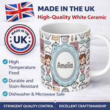 Personalized Custom Name Cute Kawaii Chef Girl Beige Kitchen Utensils Seamless Pattern Name 11oz Ceramic Coffee Tea Mug White Large Handle