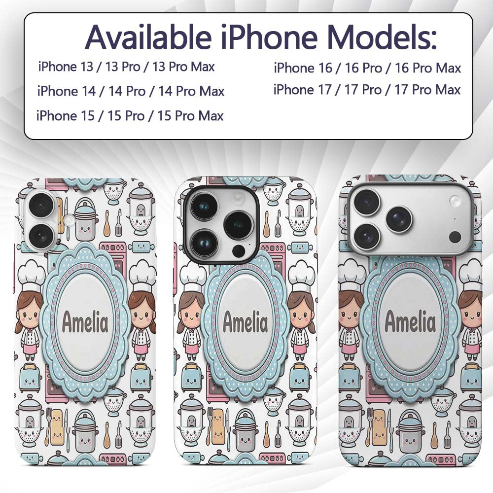 Cute Kawaii Chef Girl Beige Utensils Seamless Custom Name Protective Phone Case Mobile Cover Durable Everyday Smartphone Shock Resistant