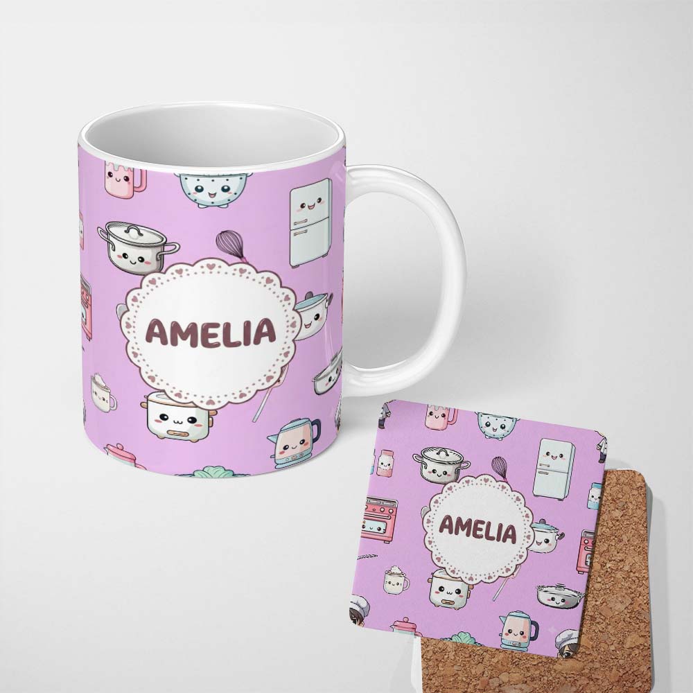 Personalized Custom Name Cute Kawaii Chef Girl Purple Kitchen Utensils Seamless Pattern 11oz Ceramic Coffee Tea Mug White Large Handle