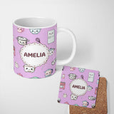 Personalized Custom Name Cute Kawaii Chef Girl Purple Kitchen Utensils Seamless Pattern 11oz Ceramic Coffee Tea Mug White Large Handle