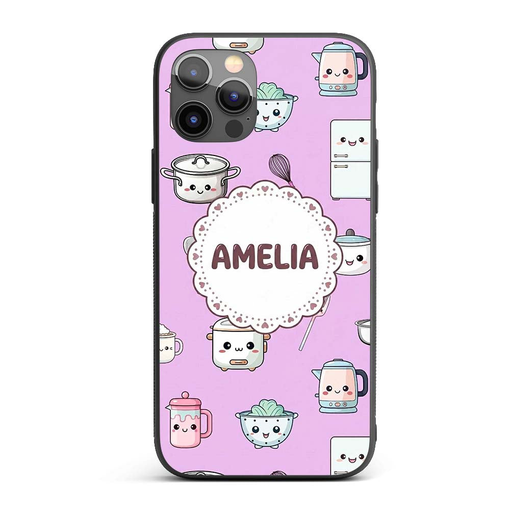 Cute Kawaii Chef Girl Purple Utensils Seamless Custom Name Protective Phone Case Mobile Cover Durable Everyday Smartphone Shock Resistant