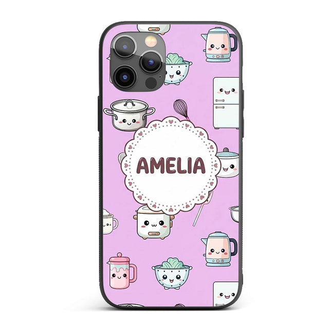 Cute Kawaii Chef Girl Purple Utensils Seamless Custom Name Protective Phone Case Mobile Cover Durable Everyday Smartphone Shock Resistant