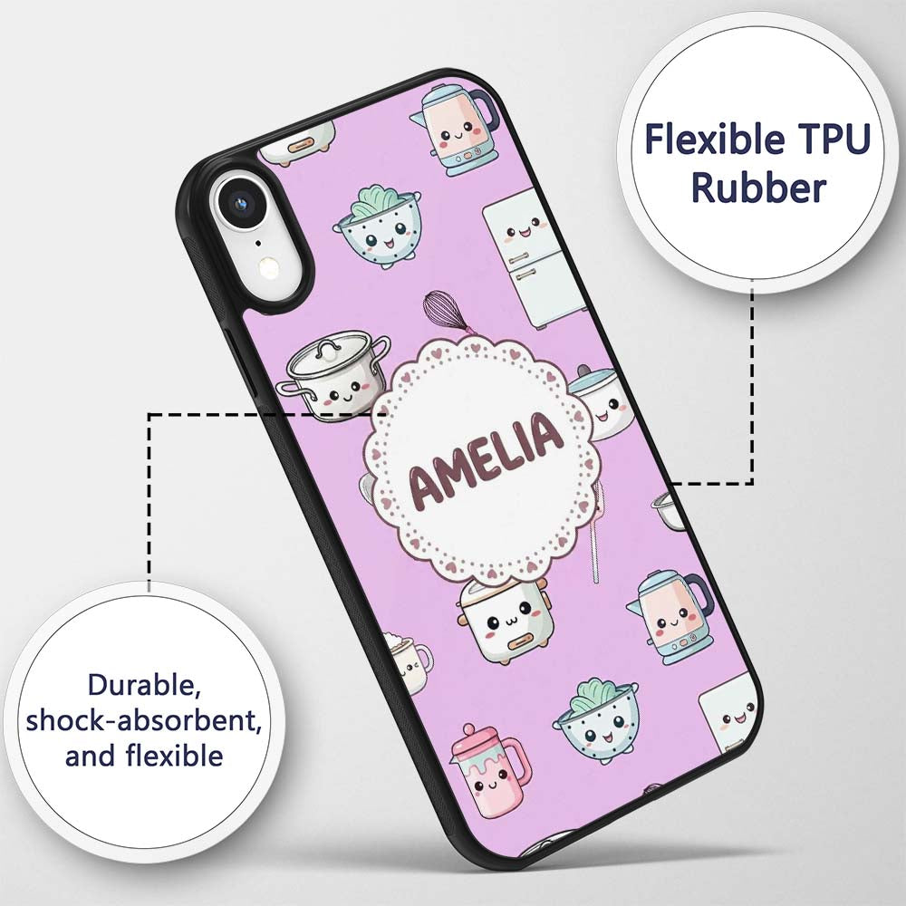 Cute Kawaii Chef Girl Purple Utensils Seamless Custom Name Protective Phone Case Mobile Cover Durable Everyday Smartphone Shock Resistant