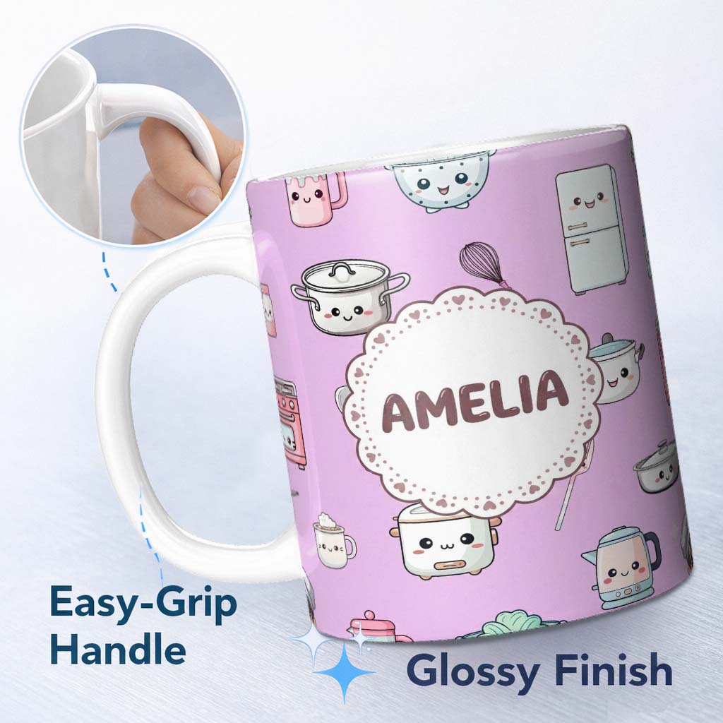 Personalized Custom Name Cute Kawaii Chef Girl Purple Kitchen Utensils Seamless Pattern 11oz Ceramic Coffee Tea Mug White Large Handle