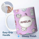 Personalized Custom Name Cute Kawaii Chef Girl Purple Kitchen Utensils Seamless Pattern 11oz Ceramic Coffee Tea Mug White Large Handle