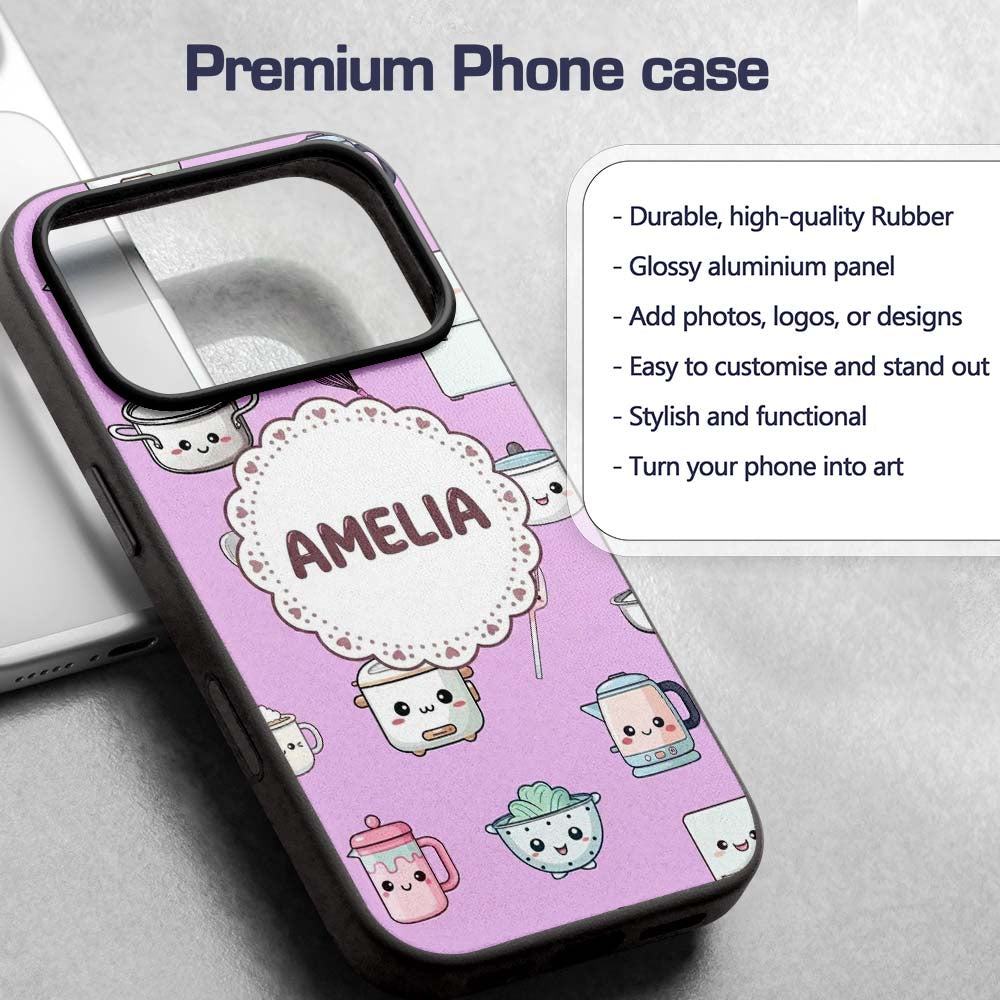 Cute Kawaii Chef Girl Purple Utensils Seamless Custom Name Protective Phone Case Mobile Cover Durable Everyday Smartphone Shock Resistant