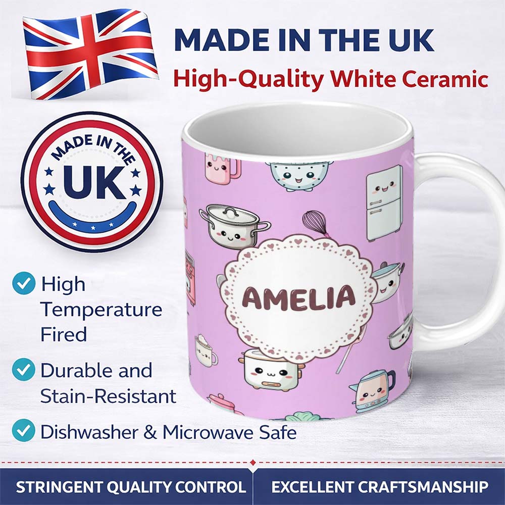 Personalized Custom Name Cute Kawaii Chef Girl Purple Kitchen Utensils Seamless Pattern 11oz Ceramic Coffee Tea Mug White Large Handle