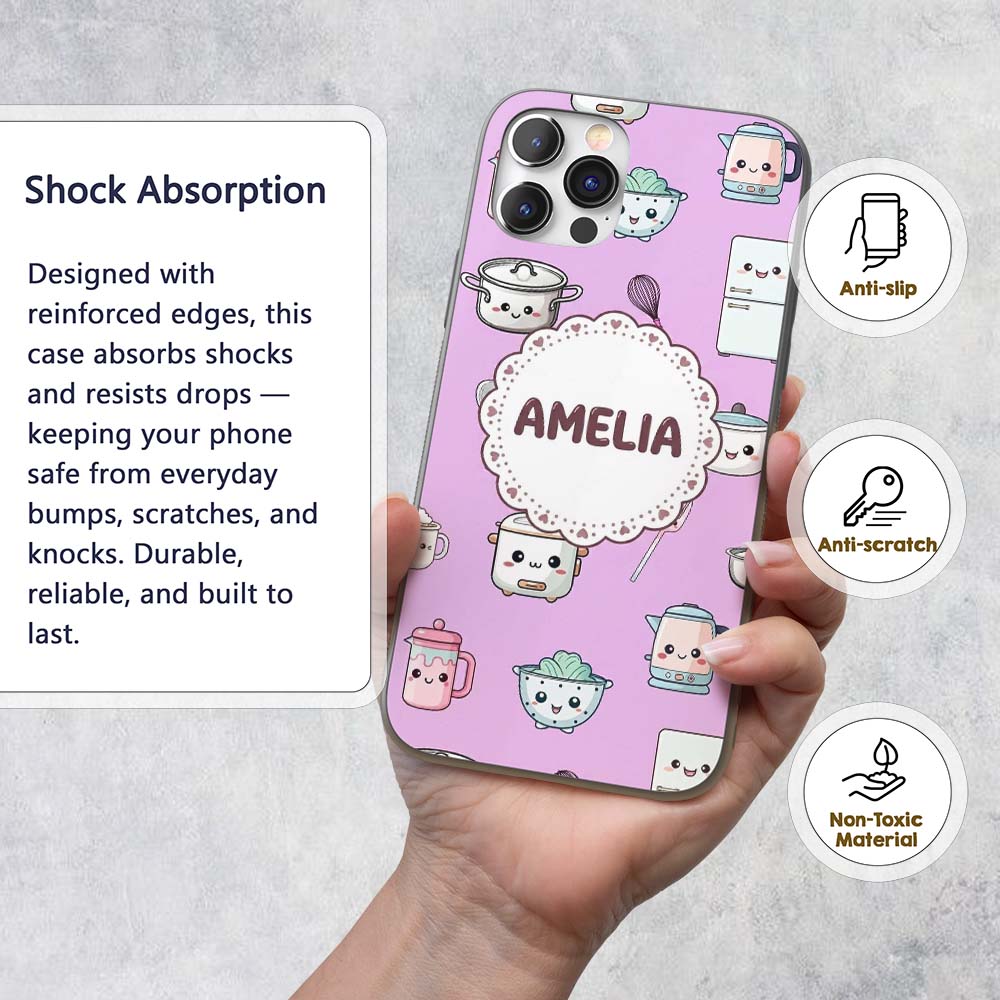 Cute Kawaii Chef Girl Purple Utensils Seamless Custom Name Protective Phone Case Mobile Cover Durable Everyday Smartphone Shock Resistant