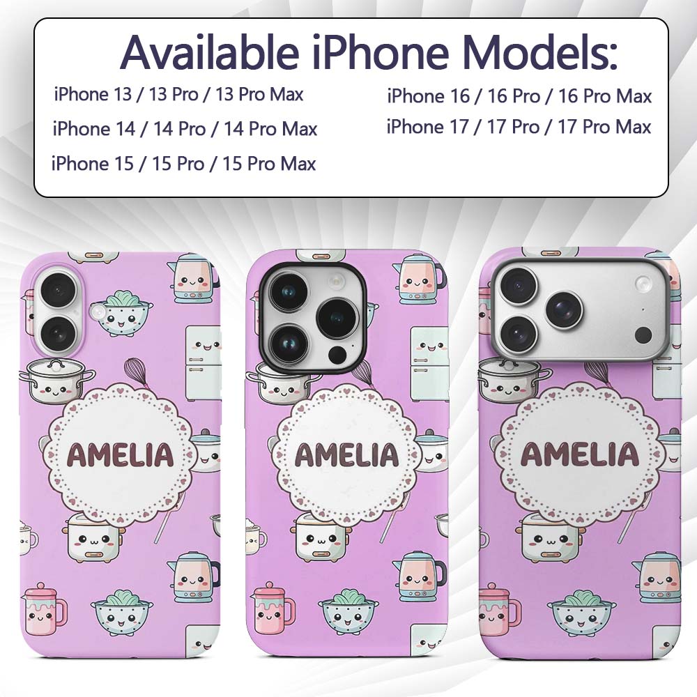 Cute Kawaii Chef Girl Purple Utensils Seamless Custom Name Protective Phone Case Mobile Cover Durable Everyday Smartphone Shock Resistant