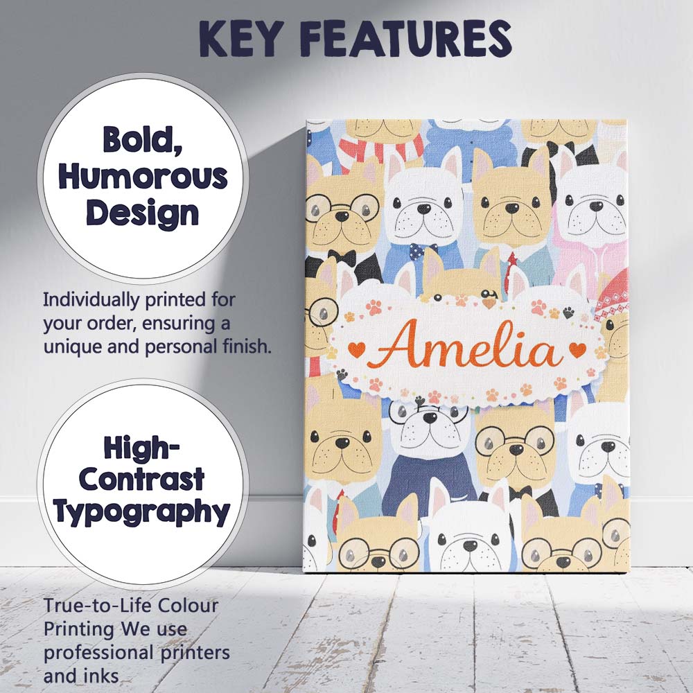 Personalised Name Stylish French Bulldog Dogs Fashion Outfit Seamless Custom Home Unique Canvas Wall Art Print Decor Picture Ready to Hang