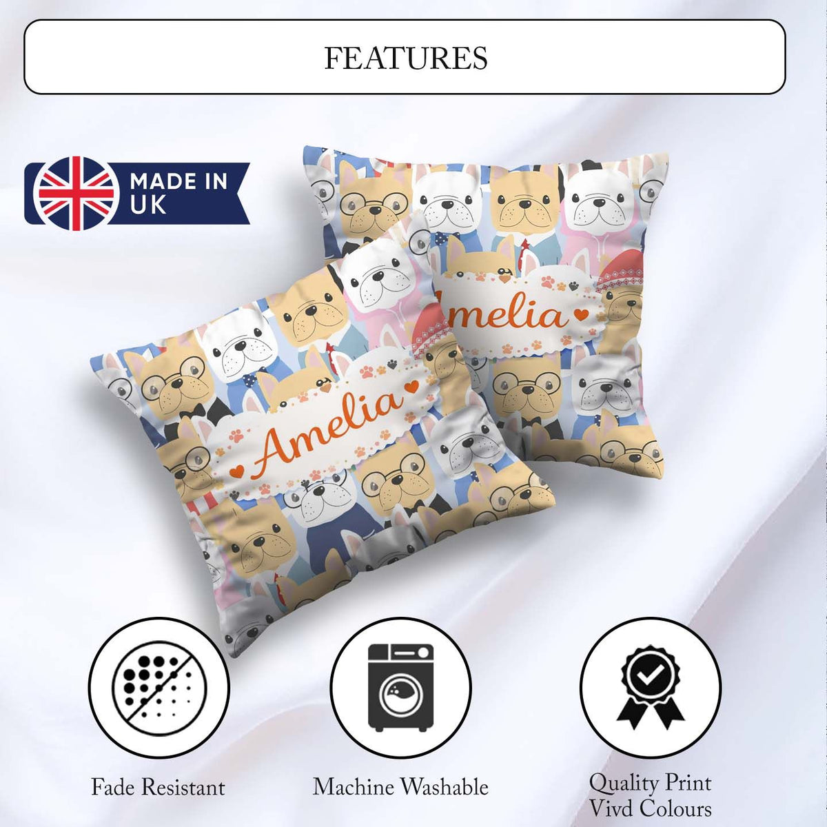 Custom Name French Bulldog Dogs Fashion Outfit Seamless Pattern Square Filled Cushion Throw Pillow Sofa Bed Home Decor Zip Washable UK Made