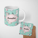 Personalized Custom Name Cute Kawaii Chef Girl Mint Kitchen Utensils Seamless Pattern Name 11oz Ceramic Coffee Tea Mug White Large Handle