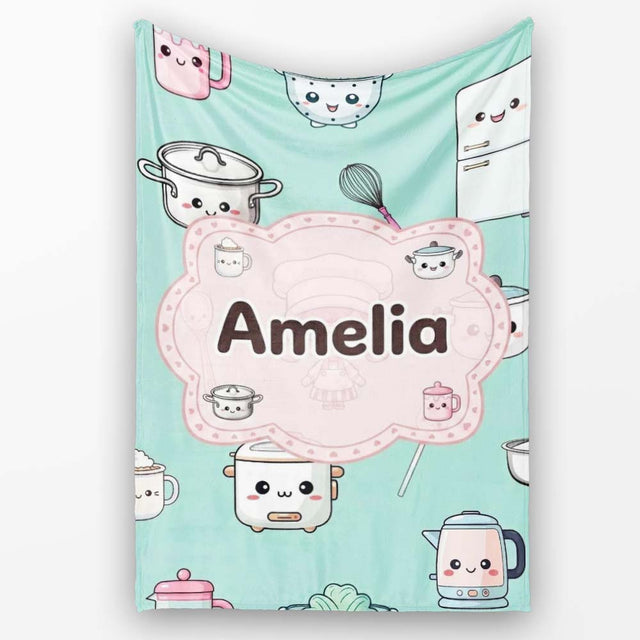 Cute Kawaii Chef Girl Mint  Utensils Seamless Pattern Name  Personalised Custom Name Super Soft Fleece Blanket Bed Sofa Throw