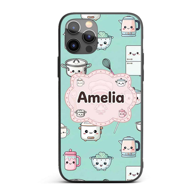 Cute Kawaii Chef Girl Mint Utensils Seamless Custom Name Protective Phone Case Mobile Cover Durable Everyday Smartphone Shock Resistant